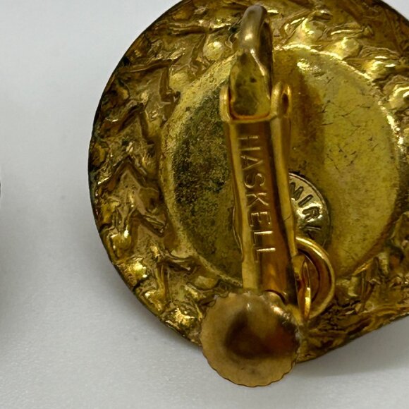 Vintage Miriam Haskell Clip-On Earrings Gold-Tone Frame Brown Speckled Cabochons - Picture 5 of 8